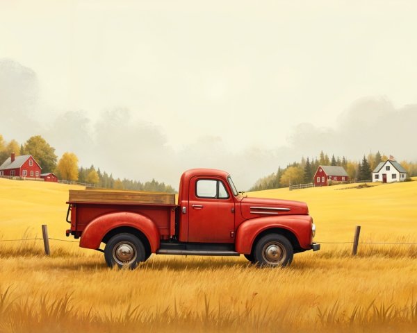 Vintage red pickup truck in a serene rural landscape