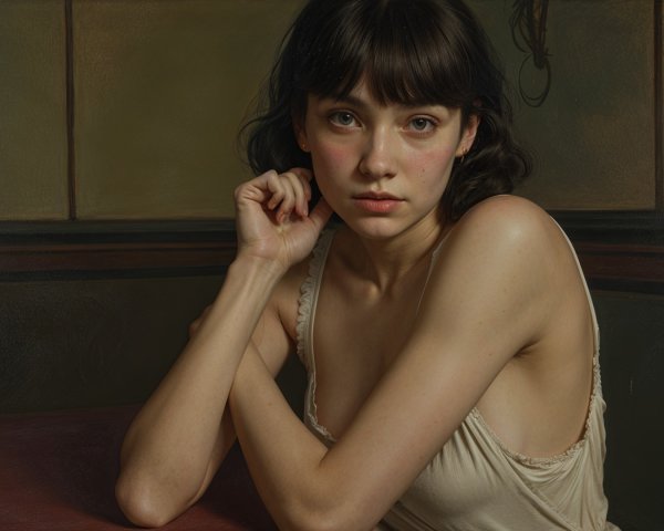 Young woman in contemplative pose at a table