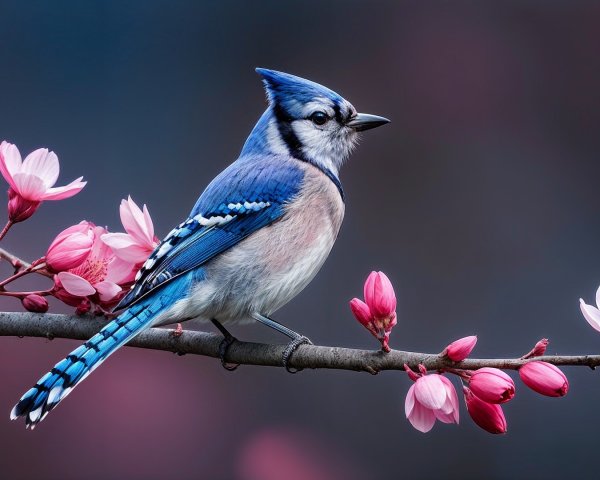 Blue Jay on Branch with Blooming Pink Flowers