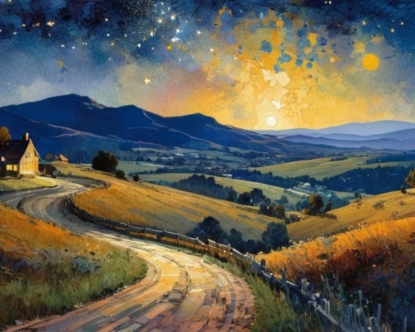 Serene Countryside Scene with Rolling Hills and Twilight