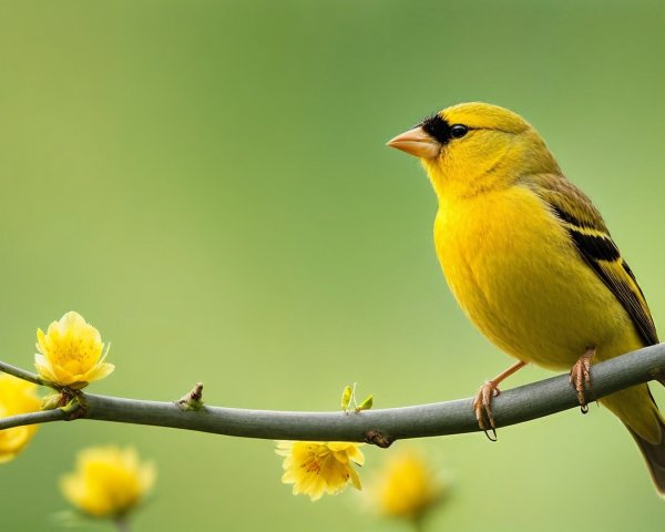 Yellow Bird on Branch with Flowers and Green Background