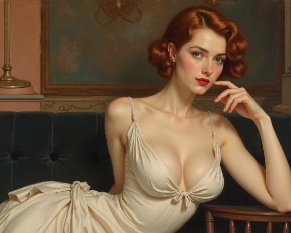 Elegant Woman in Cream Gown on Plush Green Couch