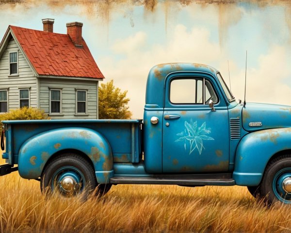 Vintage Blue Pickup Truck in Grassy Field Scene