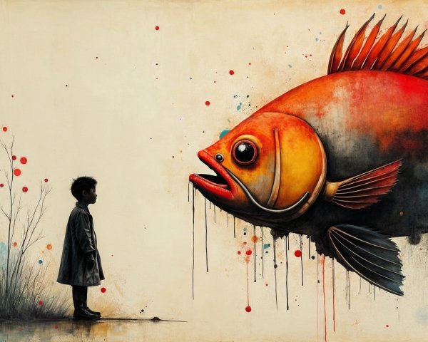 Surreal Scene of Child and Giant Orange Fish