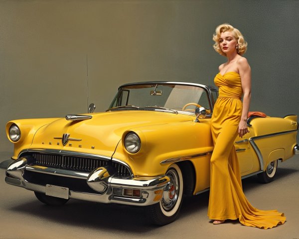 Glamorous Woman in Yellow Gown by Vintage Convertible