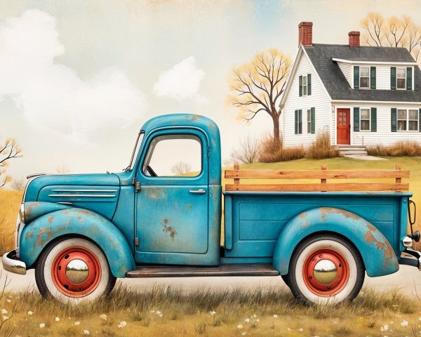 Vintage Blue Pickup Truck by White House in Landscape
