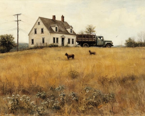 Serene Countryside Scene with Farmhouse and Deer