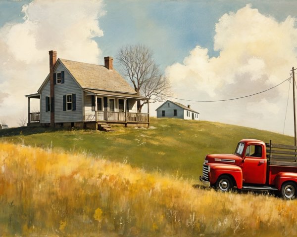 Charming Farmhouse with Vintage Truck in Rural Landscape