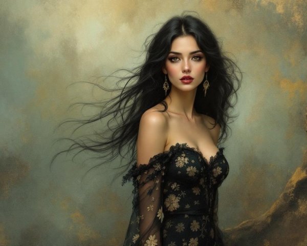 Elegant Woman in Floral Dress Against Soft Backdrop