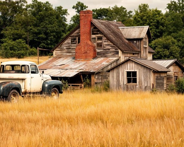 Rustic Farmhouse with Vintage Truck in Countryside