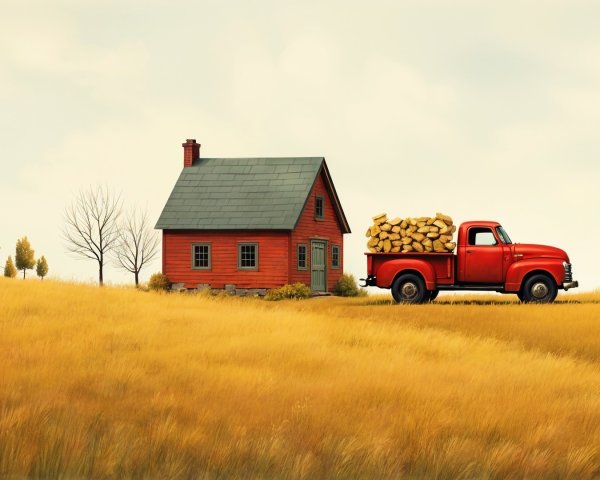 Quaint Red House in Golden Field with Rustic Truck
