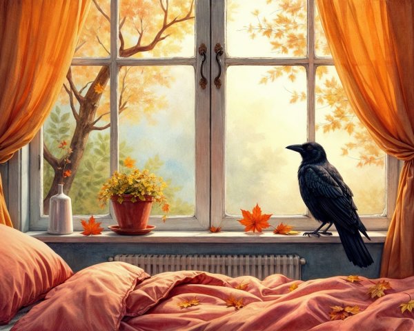 Cozy Bedroom with Autumn Views and Warm Decor