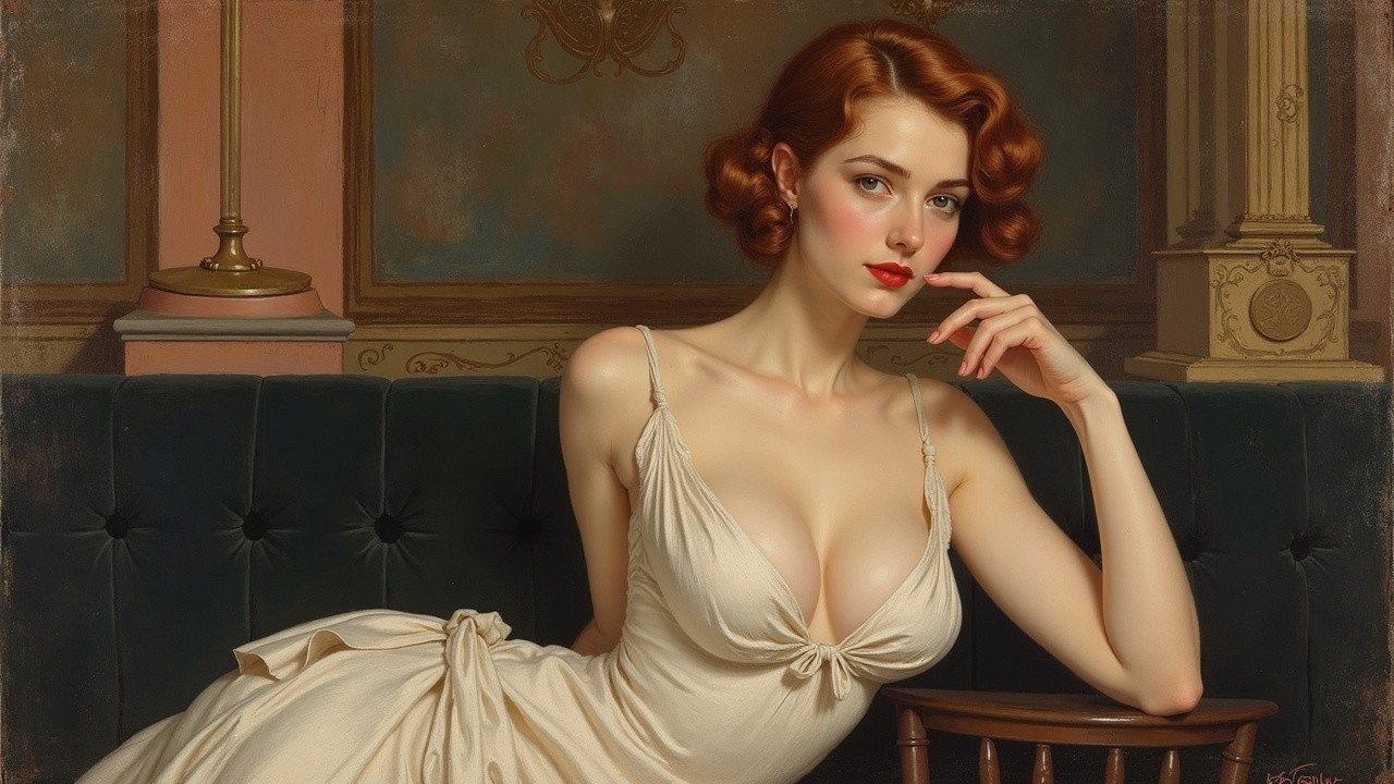 Elegant Woman in Cream Gown on Plush Green Couch