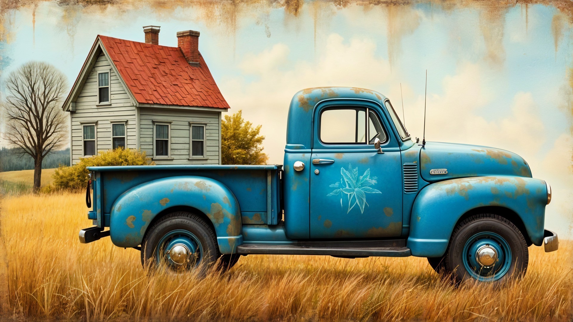 Vintage Blue Pickup Truck in Grassy Field Scene