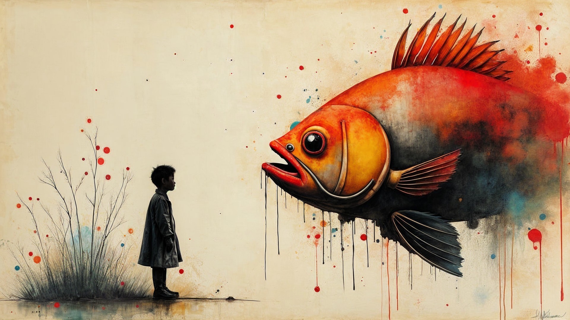 Surreal Scene of Child and Giant Orange Fish