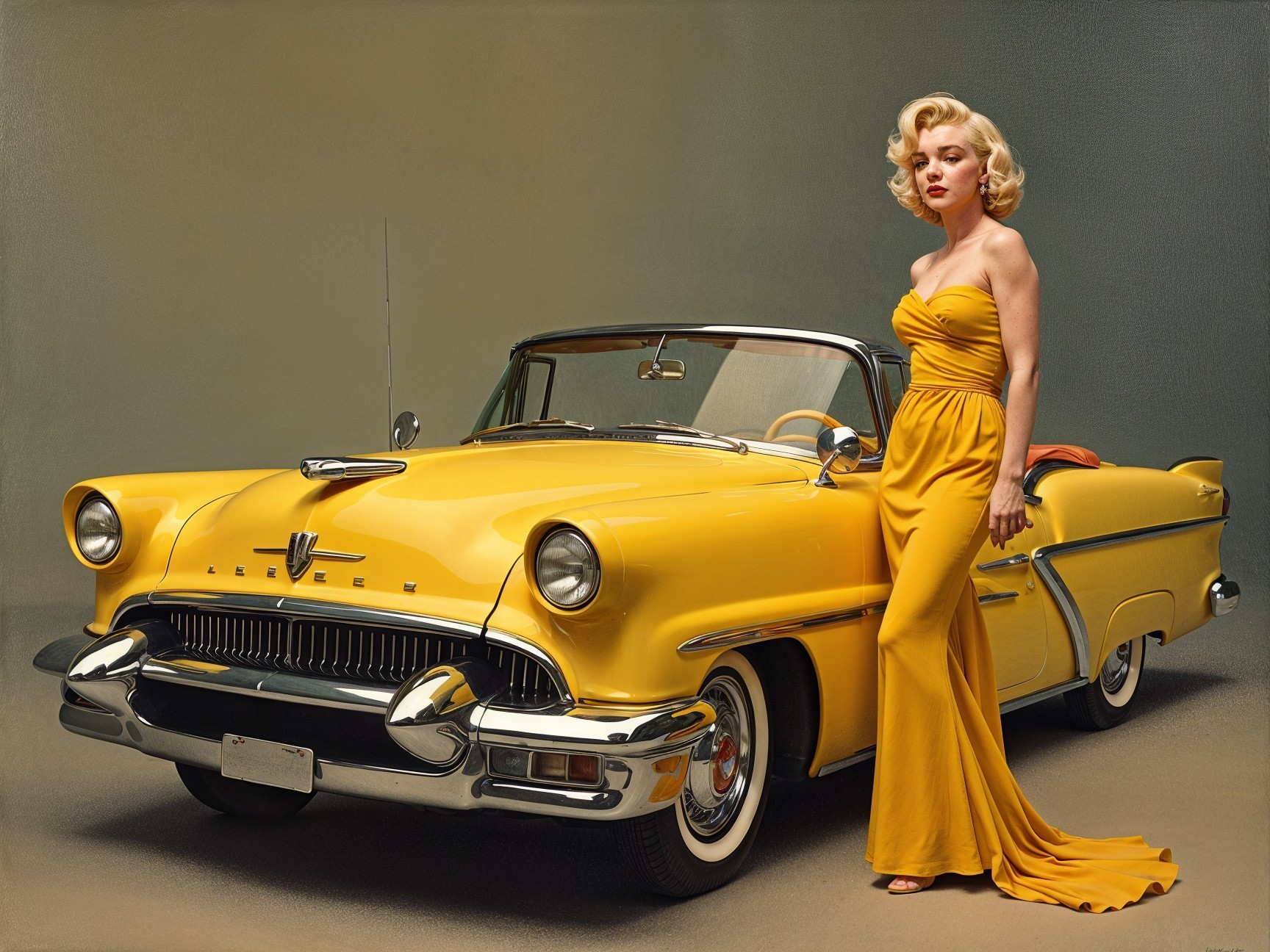 Glamorous Woman in Yellow Gown by Vintage Convertible