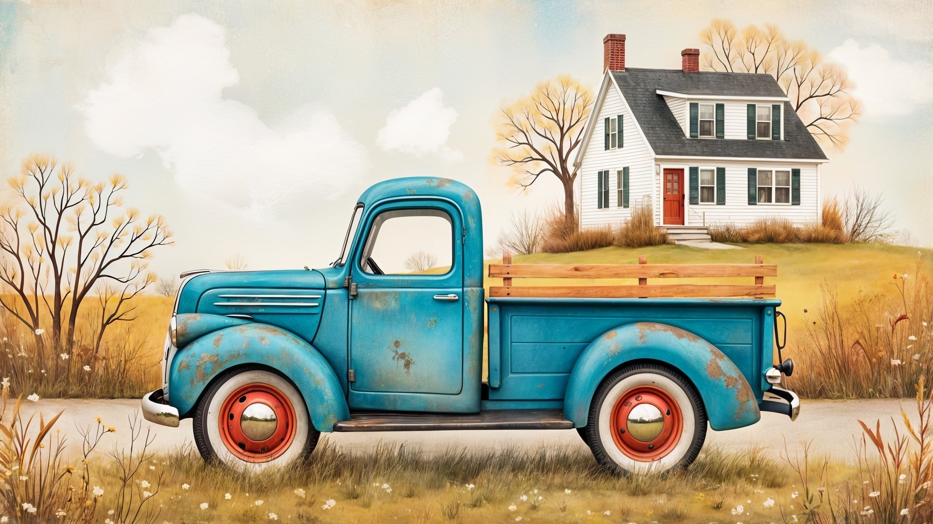 Vintage Blue Pickup Truck by White House in Landscape