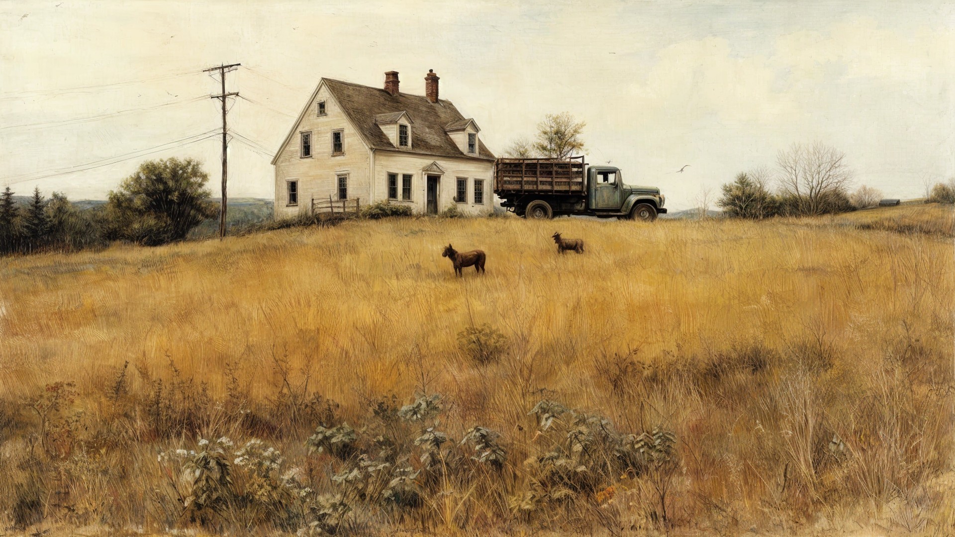Serene Countryside Scene with Farmhouse and Deer