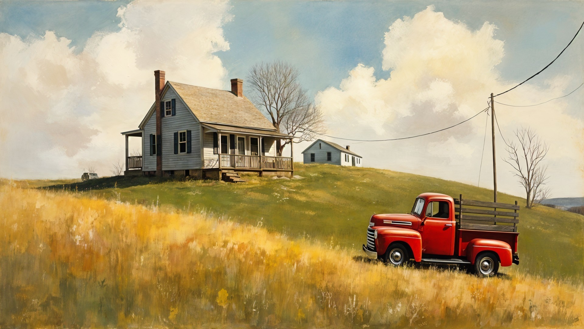 Charming Farmhouse with Vintage Truck in Rural Landscape