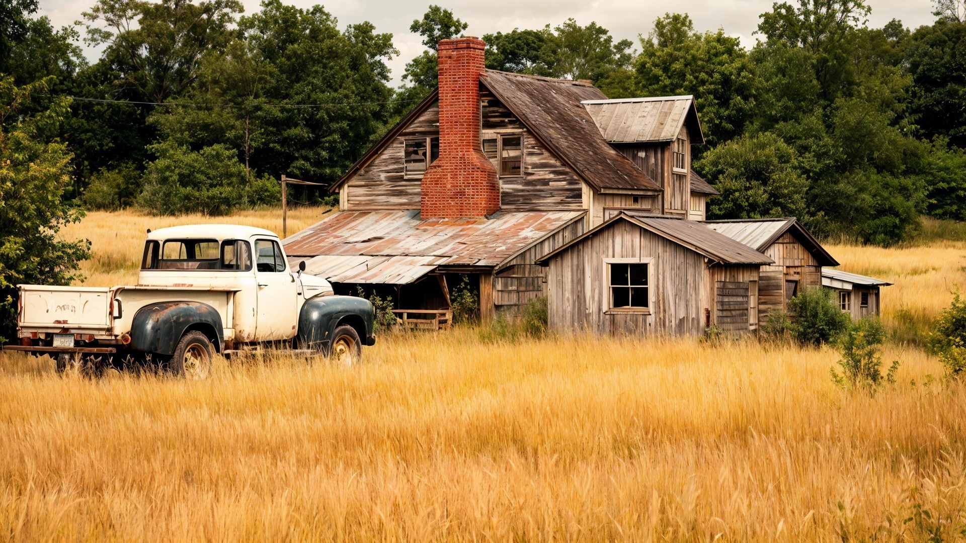 Rustic Farmhouse with Vintage Truck in Countryside