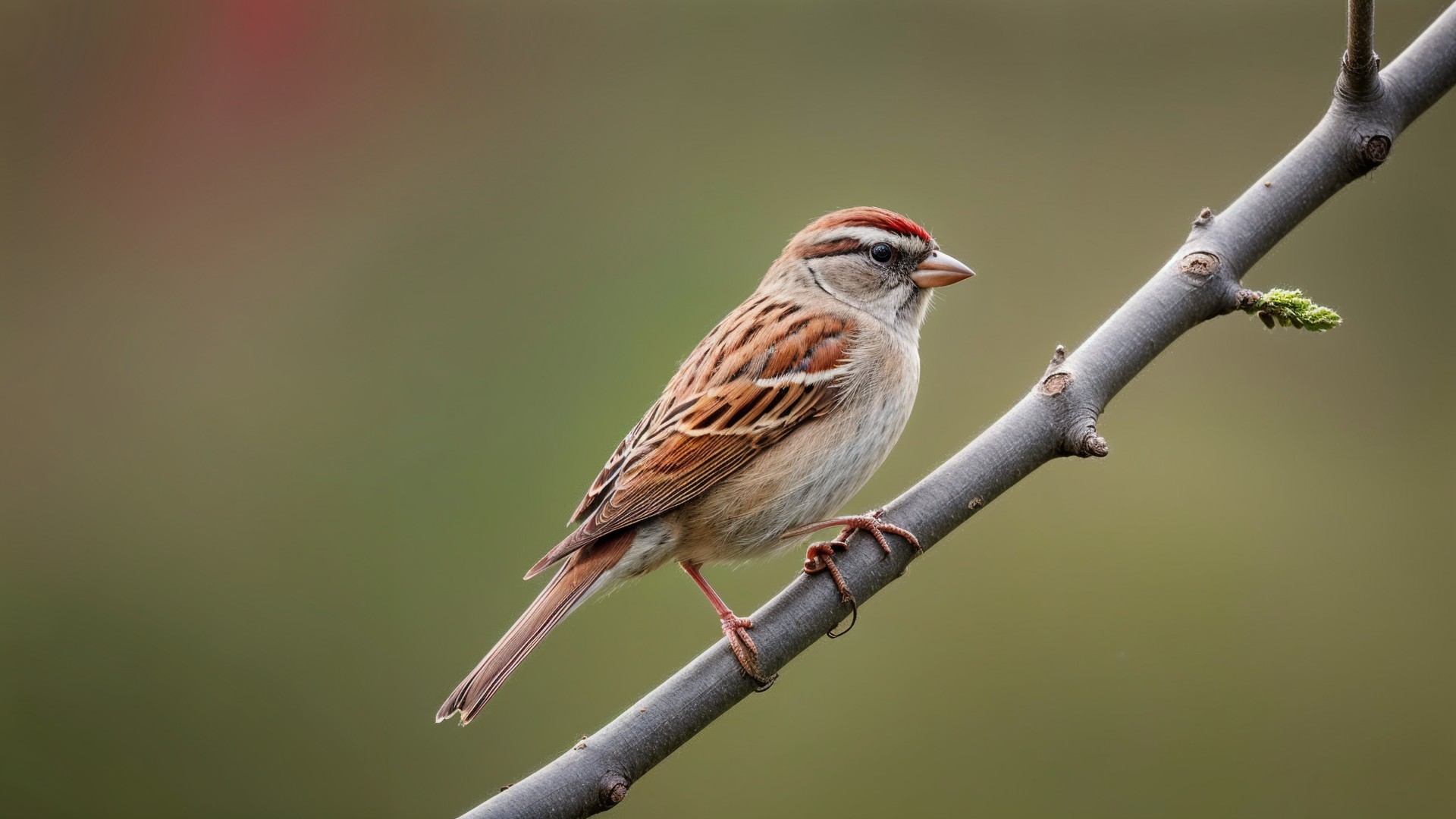 Small bird with reddish crown on slender branch