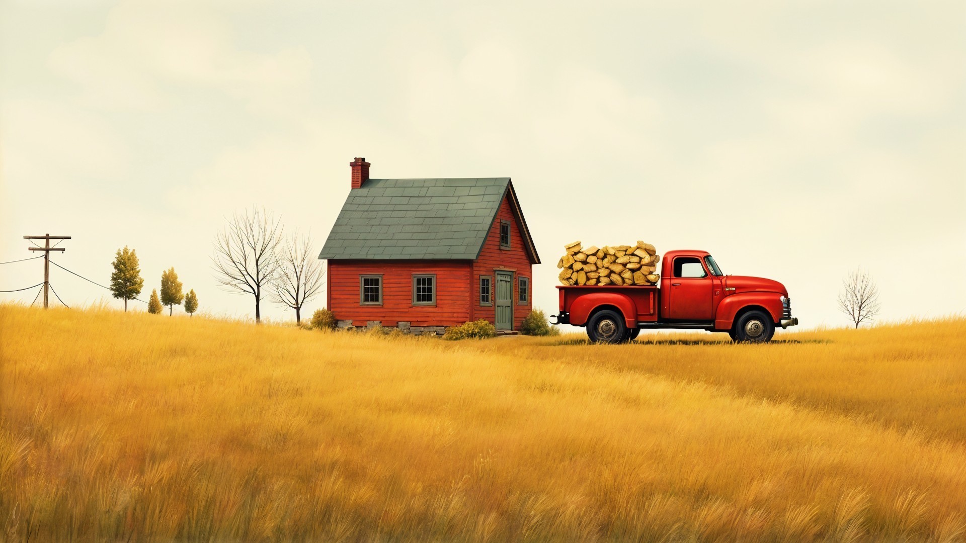 Quaint Red House in Golden Field with Rustic Truck