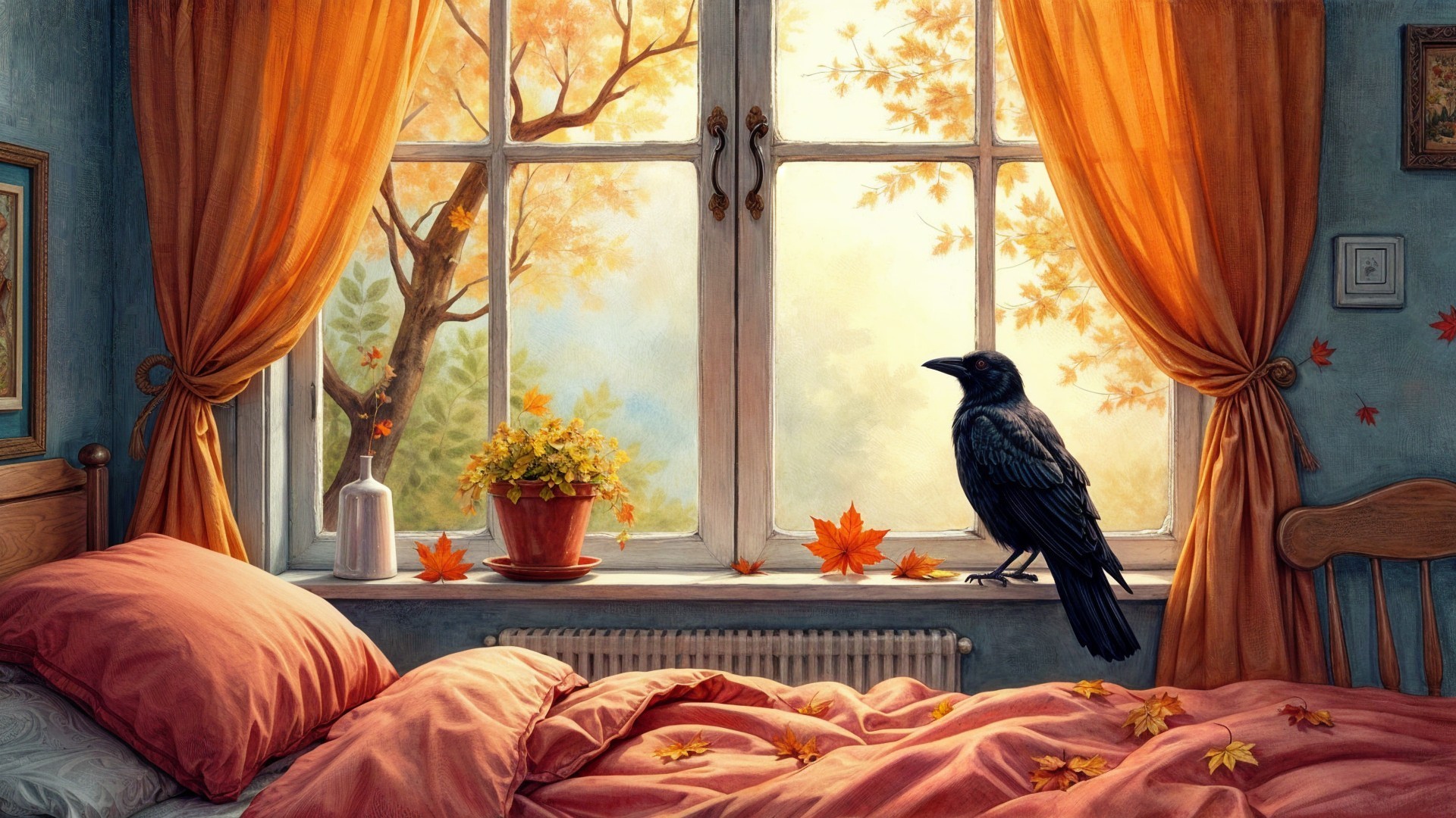 Cozy Bedroom with Autumn Views and Warm Decor