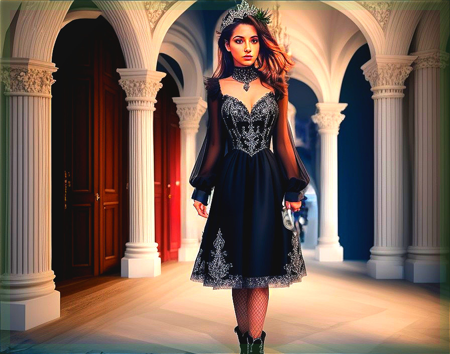 Young Woman in Elegant Black Dress and Silver Mask