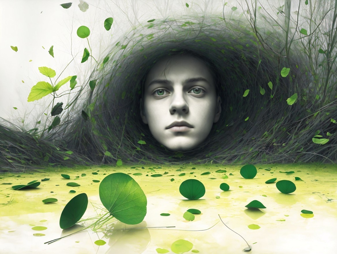 Surreal Portrait of a Person Among Grass and Foliage