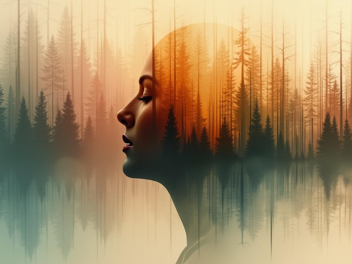 Silhouette of a Woman Merging with Forest at Sunset