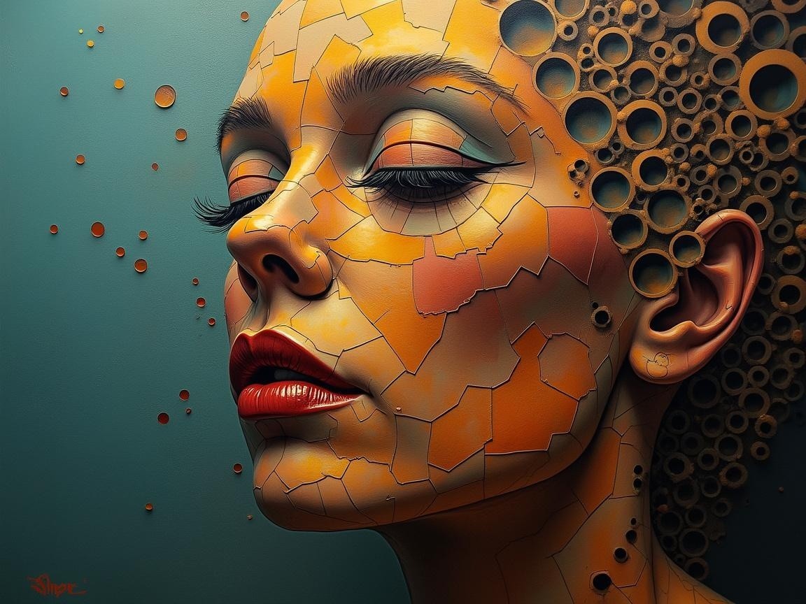 Fragmented Mosaic of a Woman's Face in Earthy Tones