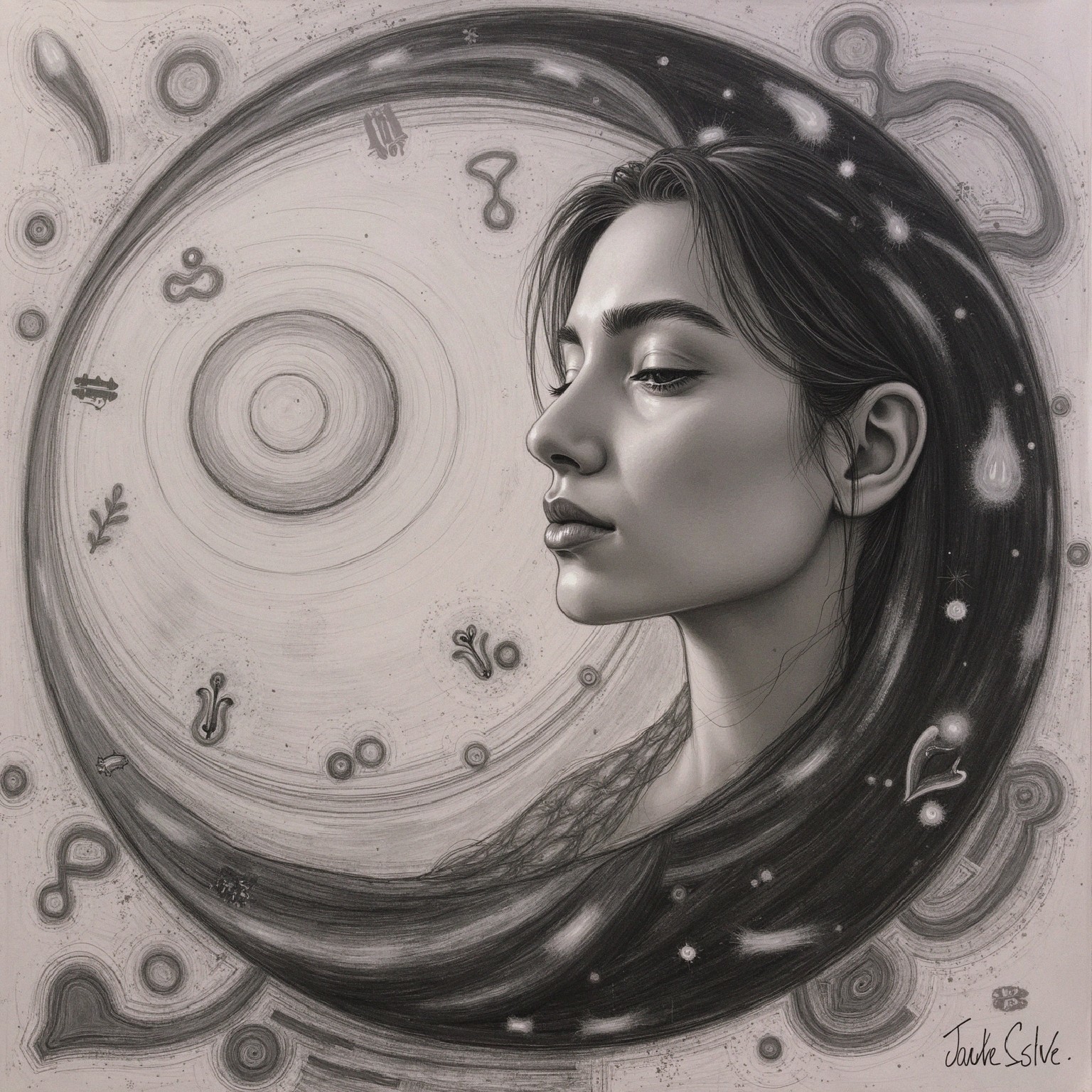 Stylized Portrait of Woman with Cosmic Patterns