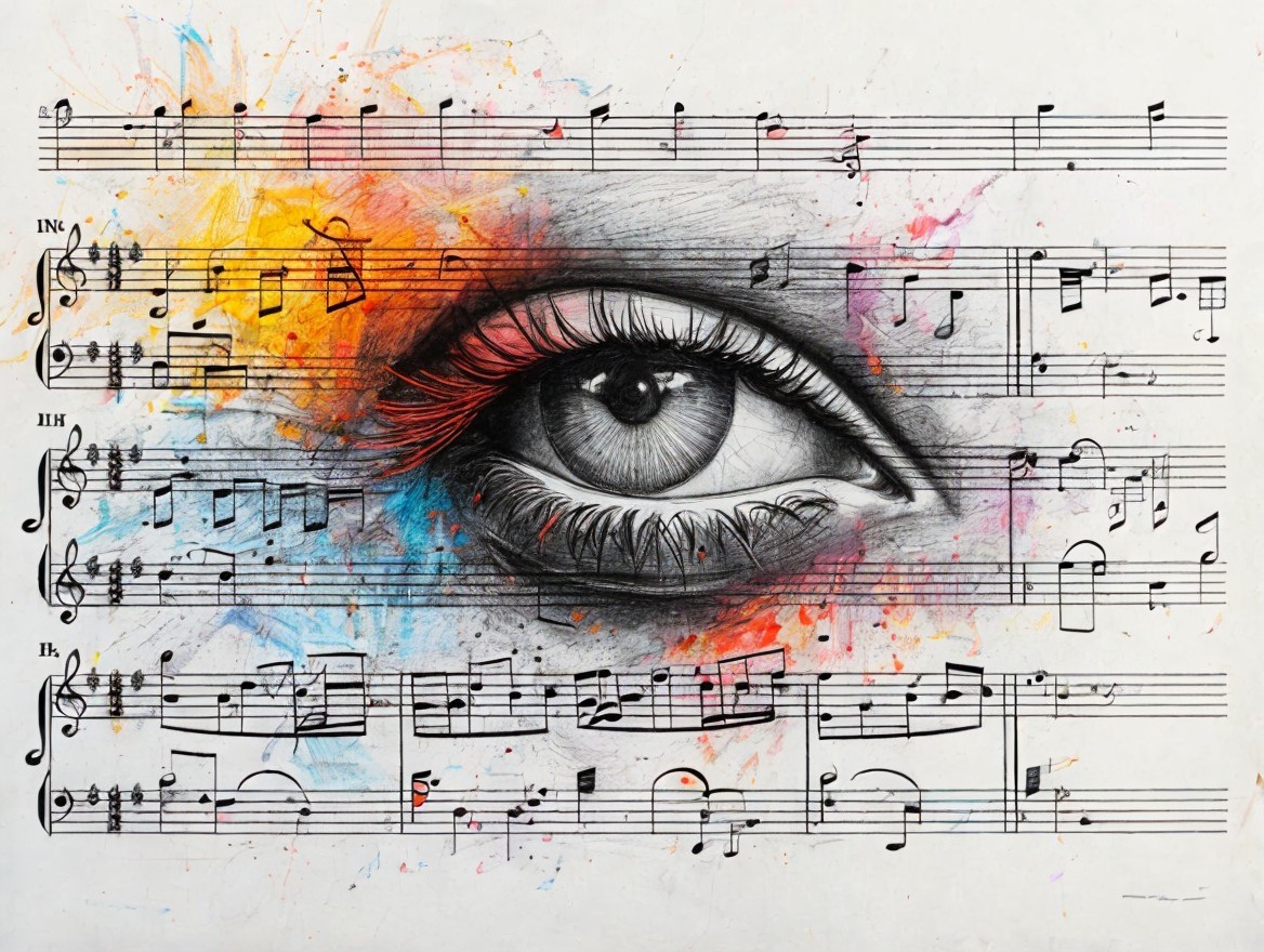 Grayscale Eye with Colorful Music Elements