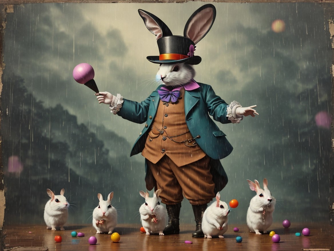 Dapper Rabbit with Ice Cream Cone in Rainy Scene