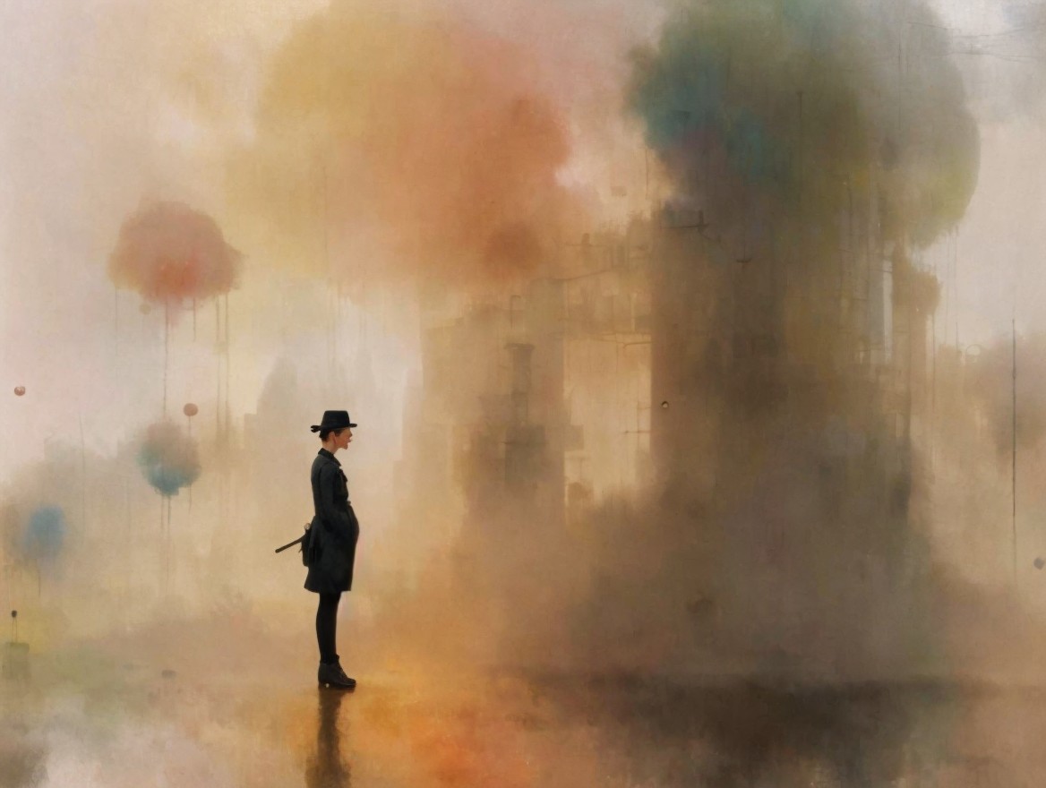 Solitary Figure in a Surreal Foggy Landscape