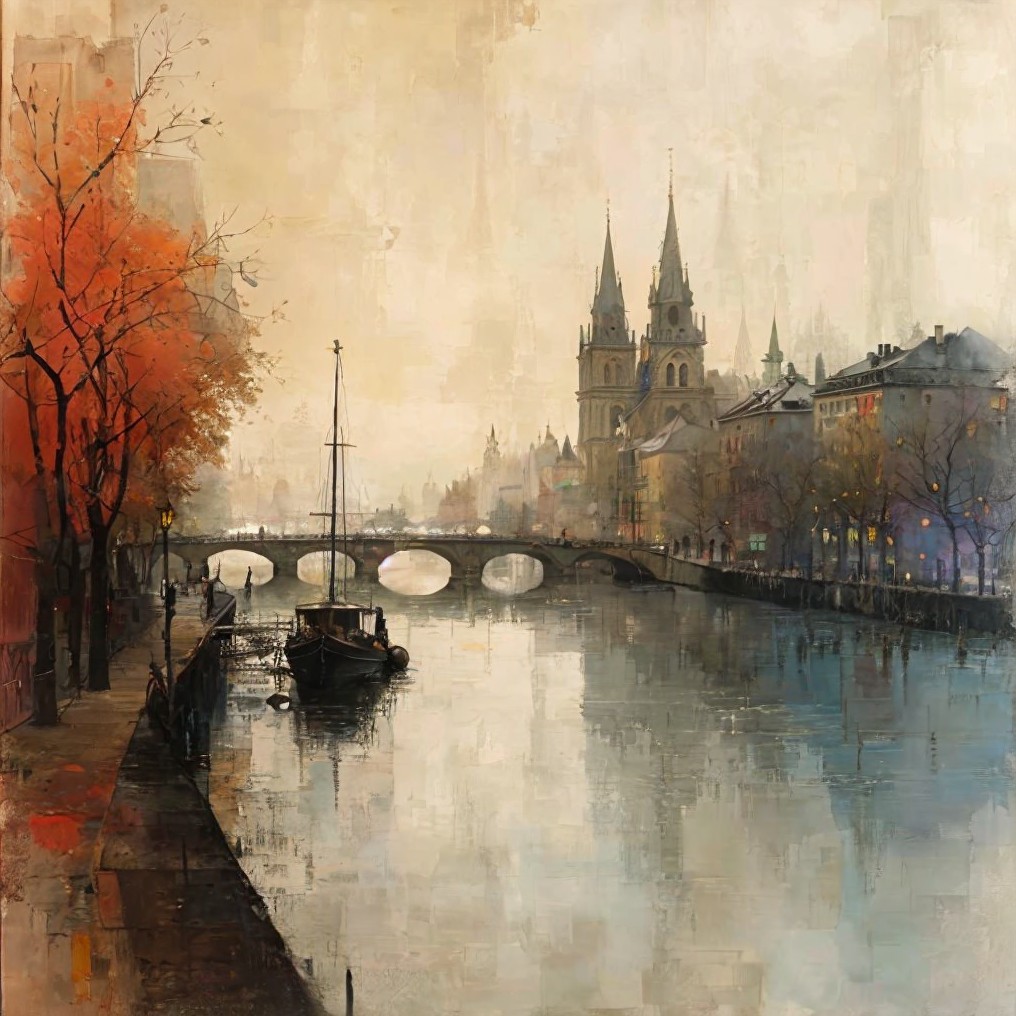 Foggy River Scene with Historic Buildings and Autumn Trees