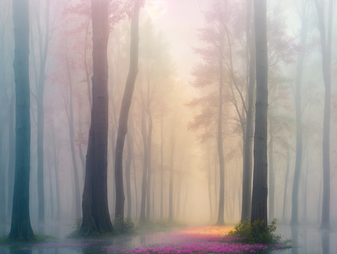 Serene Foggy Forest with Vibrant Pink Flowers