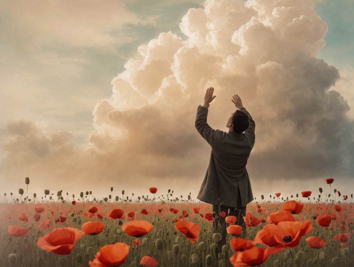 Person in a Red Poppy Field Under Dramatic Sky