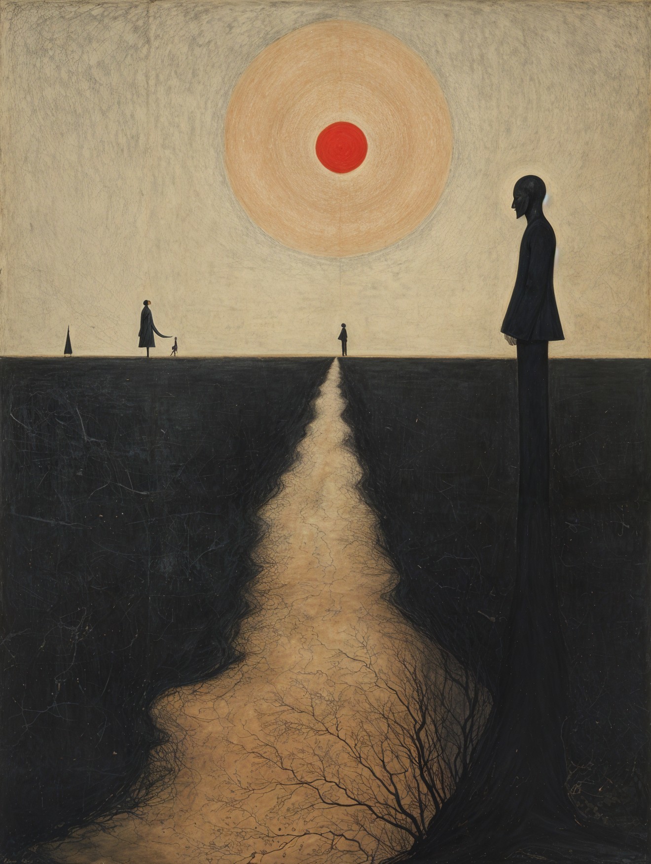 Stark Landscape with Winding Path and Red Sun