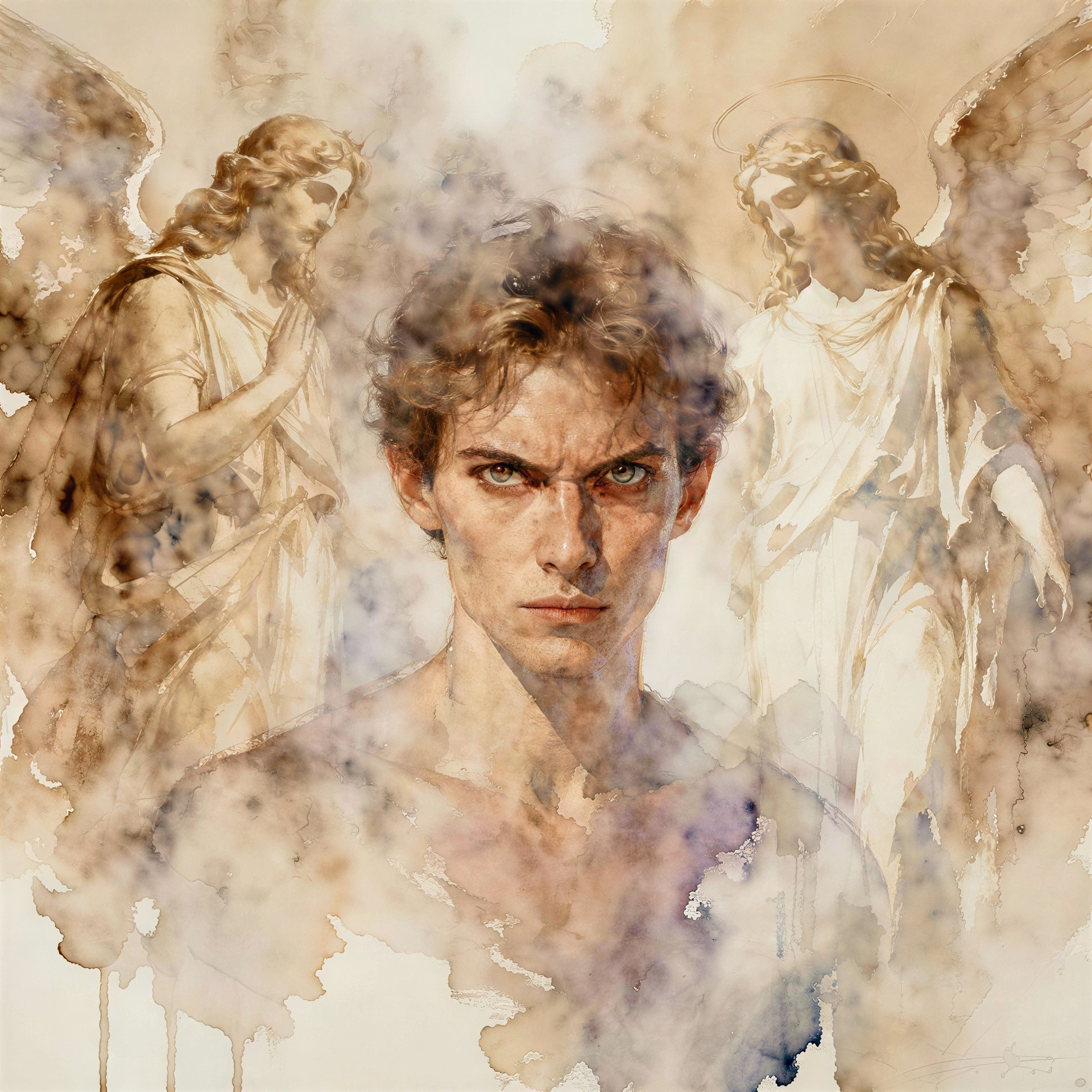 Watercolor Painting of a Young Man with Angels