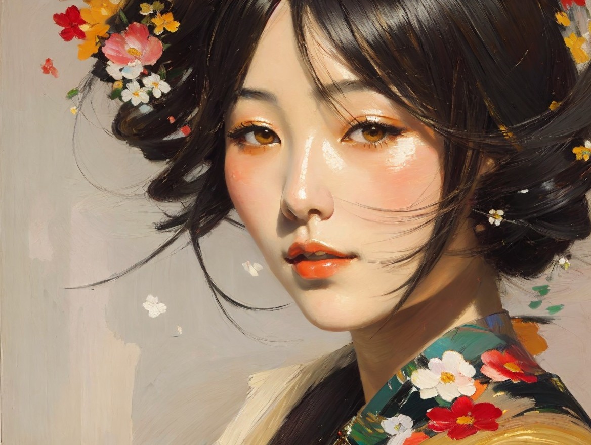 Close-up Portrait of a Young Woman in Floral Kimono
