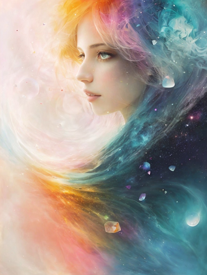 Young Woman Surrounded by Cosmic Colors and Gems
