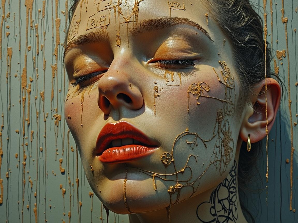 Close-up of a woman's face with golden markings
