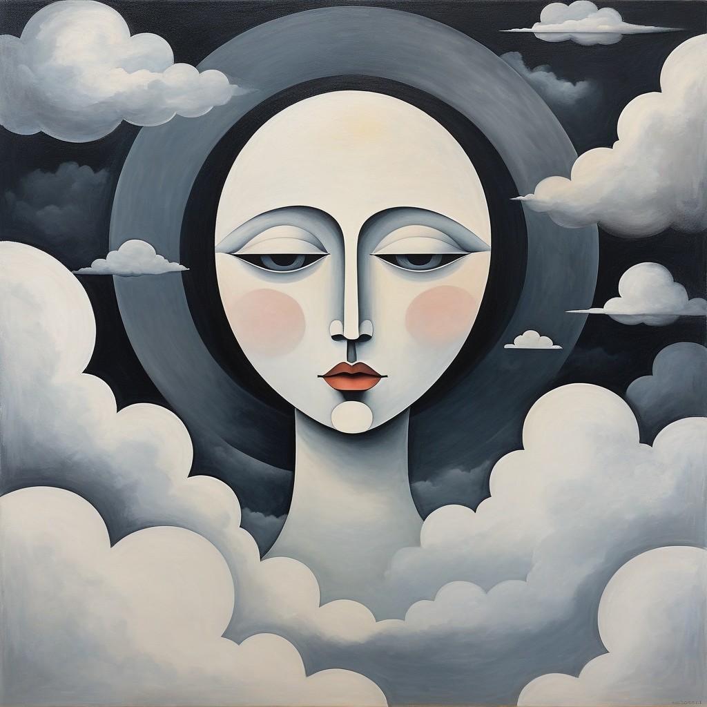 Serene Woman's Face Among Soft Clouds in Dark Setting