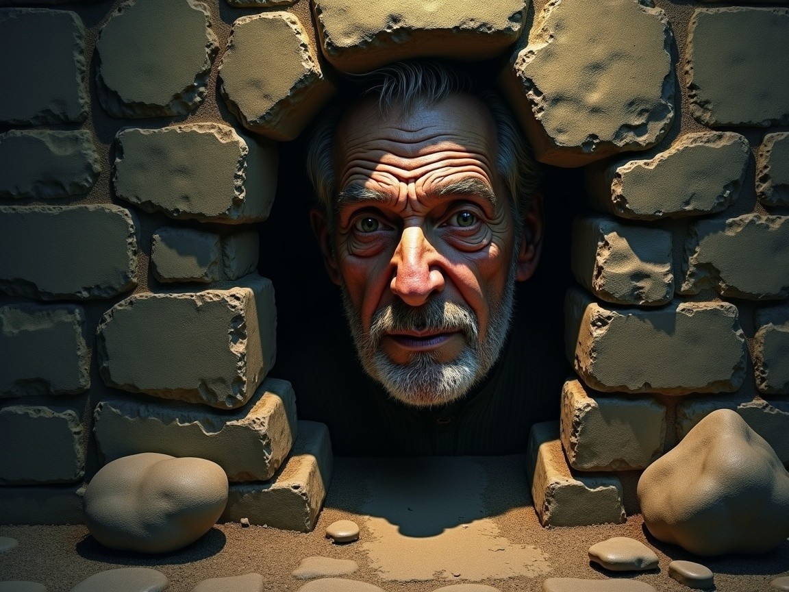 Elderly Man with Weathered Face by Stone Wall
