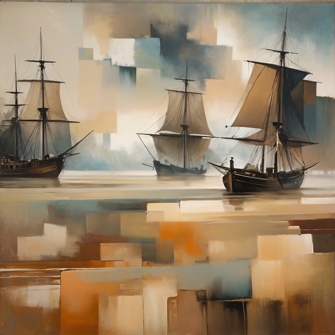 Serene Seascape with Three Majestic Ships and Pastels