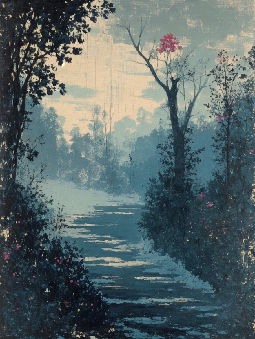 Tranquil River in a Misty Forest Landscape Painting