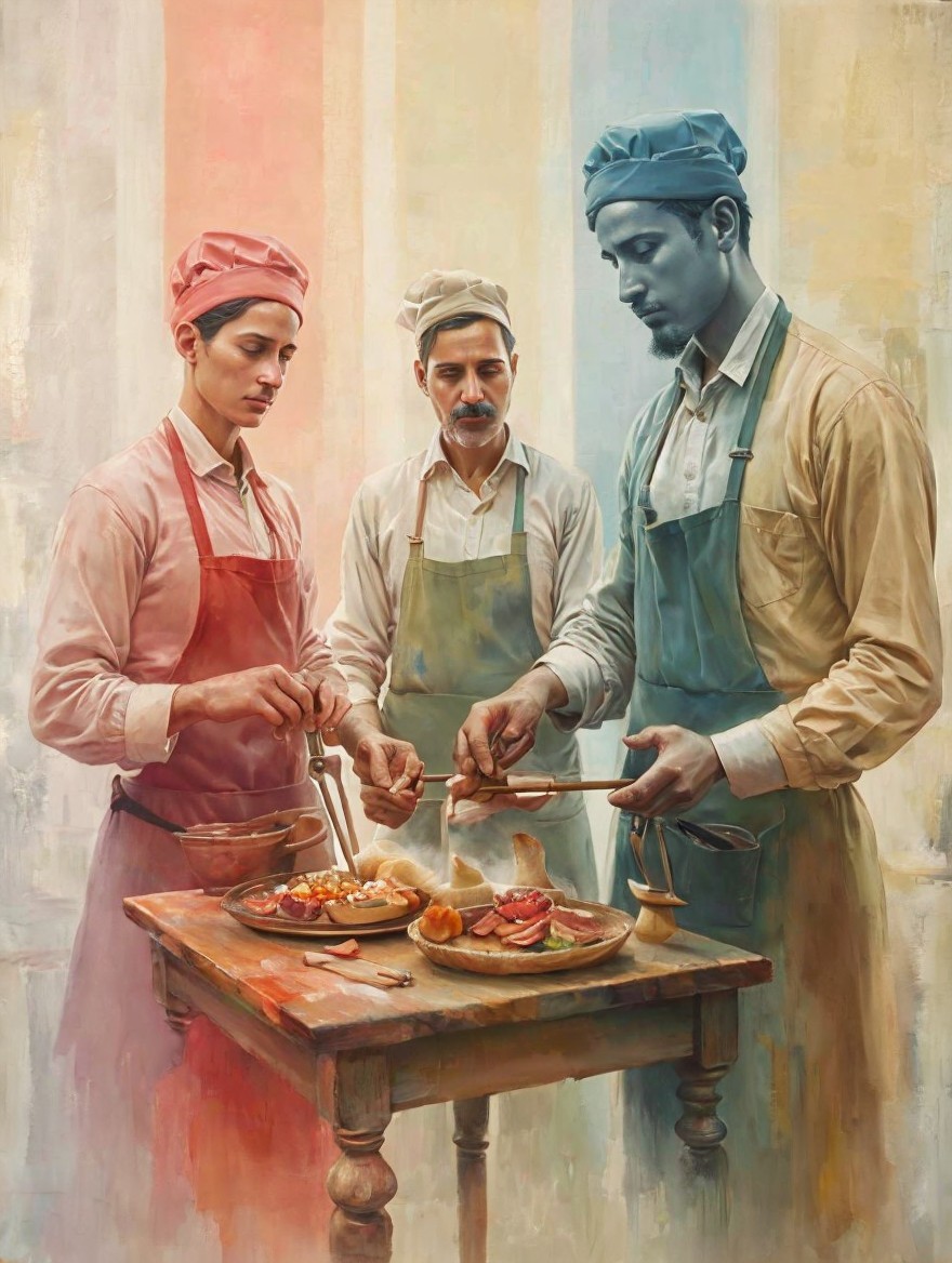 Chefs Preparing Cuisine at Rustic Wooden Table
