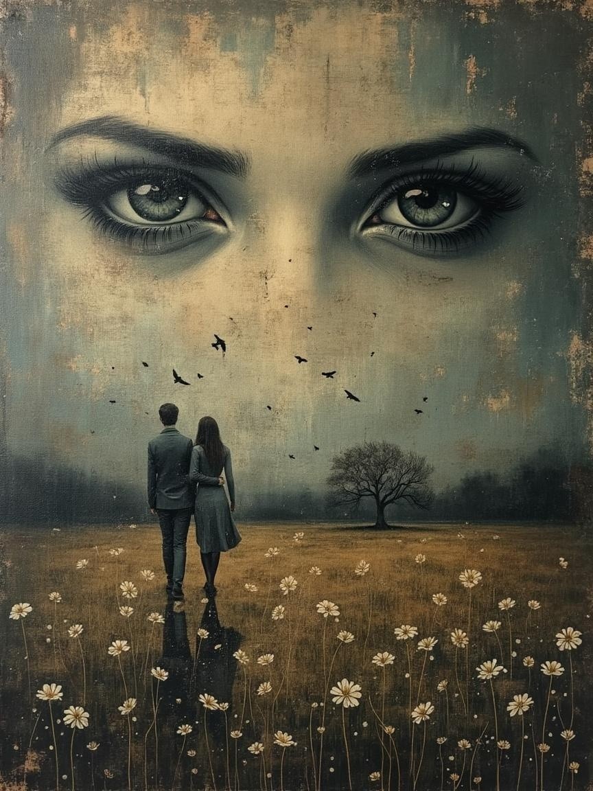 Couple in a Daisies Field Under a Serene Face