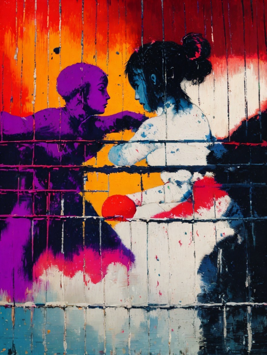 Vibrant Artwork of Two Figures and a Red Ball